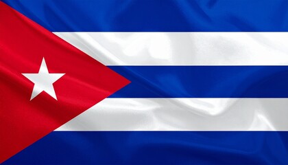 "Cuban flag with blue-white stripes, red triangle, and white star symbolizing unity and independence."