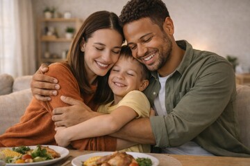 Happy Family Hugging Together at Home