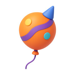A vibrant orange balloon with a party hat and purple accents on transparent background