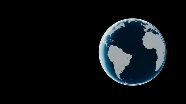 Simple stylized Earth globe rotating loop with copy space on left, blue and white flat design 3D rendering for news background.