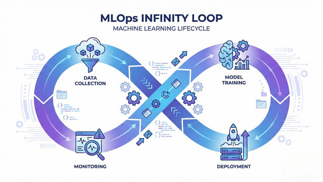 MLOps Infinity Loop vector illustration depicting the Machine Learning Lifecycle process with Data Collection, Training, Deployment, and Monitoring stages