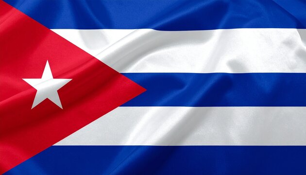 "Cuban flag with blue-white stripes, red triangle, and white star symbolizing unity and independence."