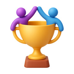 Two stylized figures celebrating success inside a golden trophy on transparent background