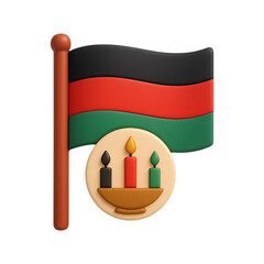 A vibrant kwanzaa flag with candles emblem presented in a 3d style on transparent background