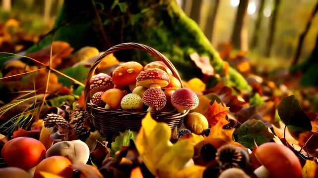 Spring booming. Life. New hope. Season. Amanita muscaria mushrooms in a basket, surrounded by autumn leaves and pinecones. The mushrooms are a mix of red and white with yellow spots.