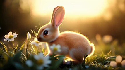 Easter. Spring. Holiday theme. A digital artwork of a rabbit in a meadow during sunset. The rabbit is depicted in a side profile, with its ears perked up, and its eyes focused intently forward.