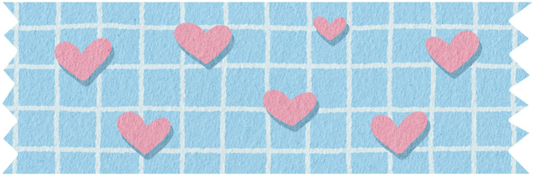 Blue Grid Heart Washi Tape - Scattered Pink Hearts Pattern