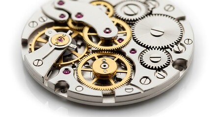 Fototapeta premium Intricate clockwork mechanism with gold and silver gears and ruby bearings on a white background watch