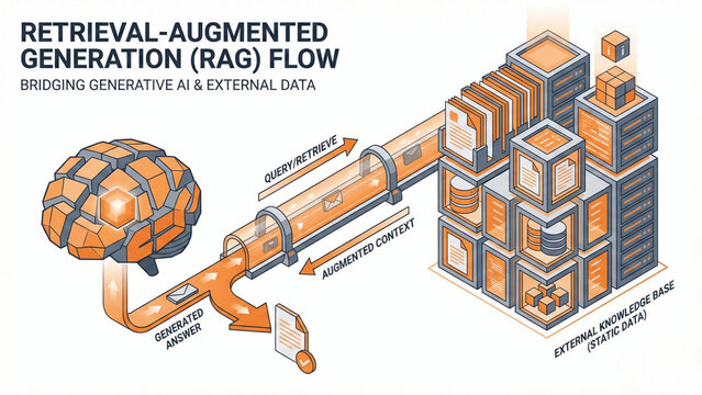 Retrieval-Augmented Generation (RAG) Flow isometric illustration bridging generative AI brain and external knowledge base data servers