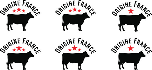 Origine France beef label illustration with cow silhouette and star rating, French quality meat branding design for food packaging