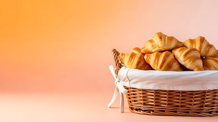 Wicker Basket Filled with Freshly Baked Golden Croissants Set Against a Soft Orange Background National Croissant Day