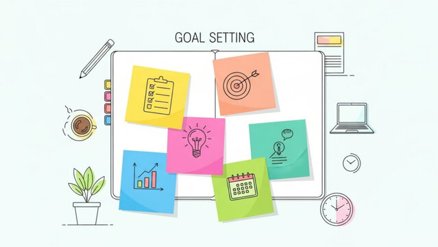 Goal setting concept with colorful sticky notes on a laptop screen, business planning - Powered by Adobe