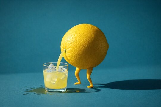 Anthropomorphic Lemon Making Fresh Lemonade on Blue Background