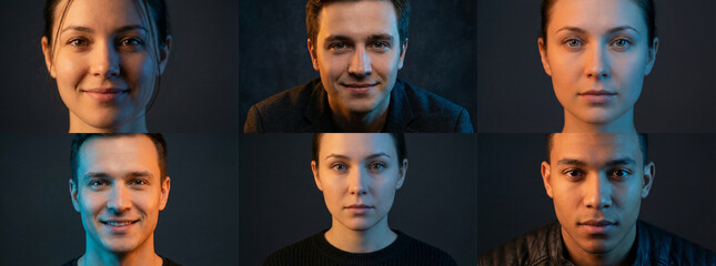 Diverse Human Face Portrait Collage Showing Men and Women Close Up with Neutral Expressions Studio Lighting Dark Background and Modern Editorial Headshot Style