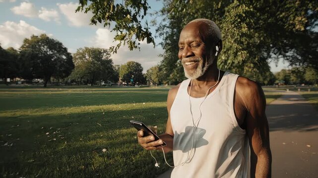 senior afro American listening music on his cellphone I a pause from workout 