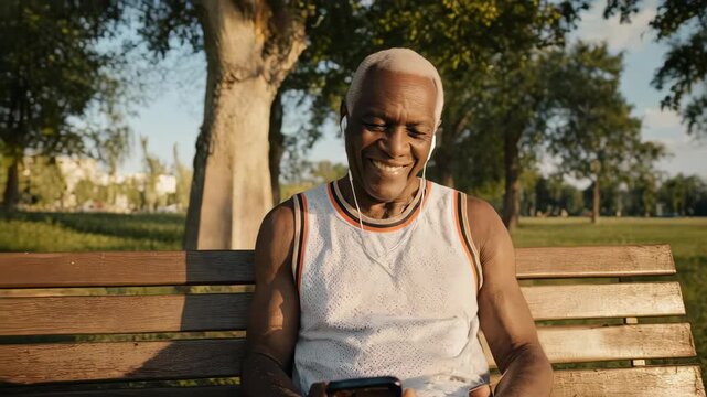 senior afro American listening music on his cellphone I a pause from workout 
