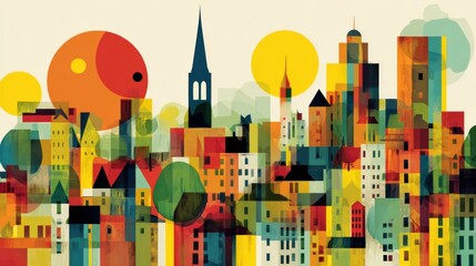 Obraz premium Civic Administration Setting With Abstract Institutional Forms Showcasing a Vibrant and Colorful Cityscape