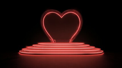 Red glowing neon heart podium for Valentine love product display, 3d rendering platform on romantic background, modern vector design concept symbolizing affection, passion and festive presentation