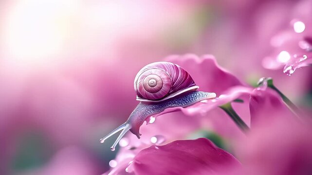 A closeup of a snail on a pink flower with water droplets, set against a blurred background. The snails shell is a vibrant shade of pink with a glossy finish.