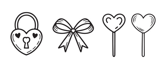 A collection of hand drawn black and white illustrations featuring a lock bow and heart shaped lollipops
