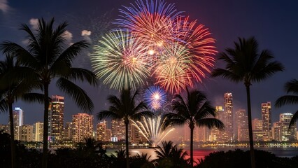 Colorful fireworks explode over a vibrant city skyline at night with silhouetted palm trees.