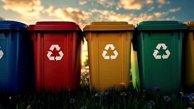 Spring cleanup. Recycling. Seasonal theme. A vivid, sunlit scene featuring a row of colorful recycling bins against a backdrop of a setting or rising sun.