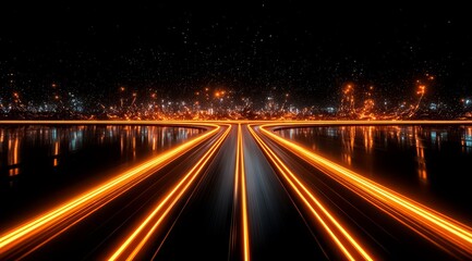 Cityscape with a bright orange sky and a dark blue sky. The sky is filled with stars