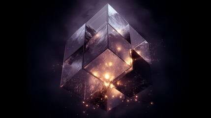 Cube made of glass with a lot of sparkles on it. The cube is lit up and has a dark background