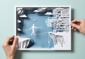 Paper Cut Art of Tightrope Walker Balancing on AI Technology