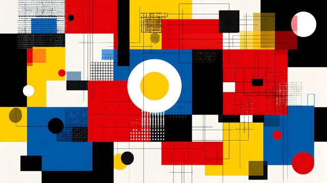 Abstract geometric Bauhaus pattern poster with overlapping shapes and primary colors. Minimalist design. Vector art