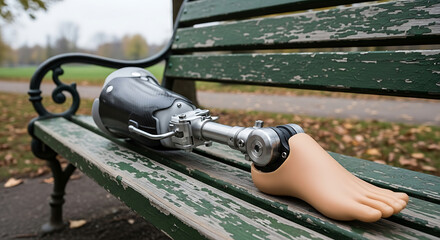 Prosthetic Leg with Prosthesis on Park Bench