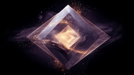 Large, square, purple and gold object with a lot of glitter. It looks like a diamond or a crystal