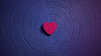 Heart red fabric texture with abstract blue purple circular pattern on dark violet background, soft gradient depth and subtle 3d effect, featuring small pink heart detail for romantic love concept