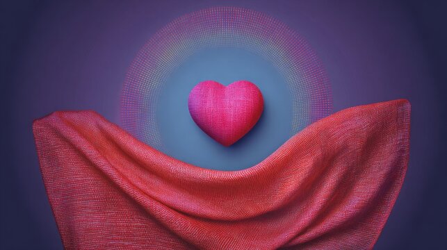 Heart red fabric texture with abstract blue purple circular pattern on dark violet background, soft gradient depth and subtle 3d effect, featuring small pink heart detail for romantic love concept - Powered by Adobe