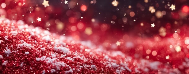 Red background with white snow and stars. The snow is falling and the stars are scattered throughout the image