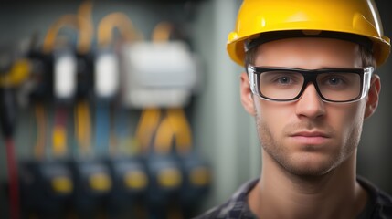 Professional electrician wearing safety helmet and protective glasses in an industrial environment, representing electrical work, maintenance, engineering services, workplace safety and skilled labor