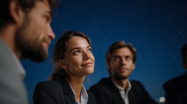 Professionals looking up at a starry night sky symbolizing future aspi ns and business vision