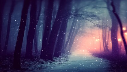 Snowy forest path with trees in the background. The snow is falling and the sky is dark