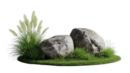 Large rocks amidst lush green grass and plants