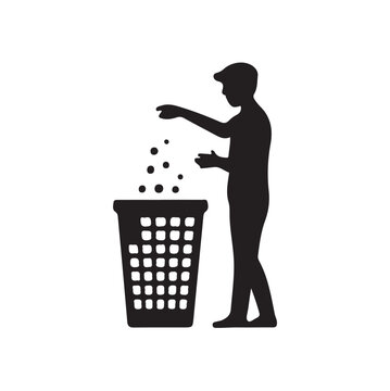 a silhouette of a person sprinkling or pouring something into a wastebasket depicting disposal or recycling