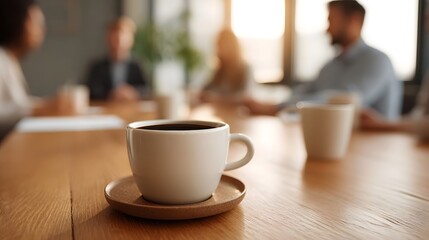 A cup of hot coffee sits on a wooden table during a blurred business meeting with soft sunlight