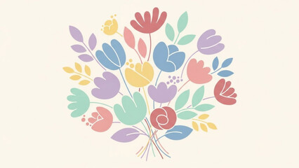Colorful bouquet of stylized flowers and leaves on cream background