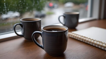 Fototapeta premium Three coffee mugs and a notebook are placed on a wooden surface by a window on a rainy day