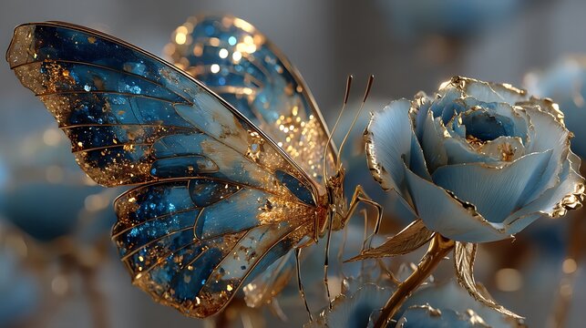 Blue and gold butterfly sparkles with roses high resolution picture