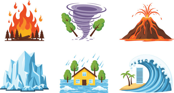 Natural Disaster Icons Set With Fire Tornado Volcano Flood Ice And Tsunami Cartoon Vector Illustration