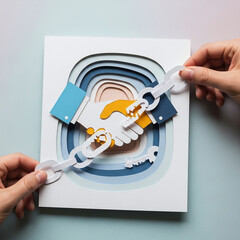 Paper Cutout Handshake Blockchain and Key Concept Art