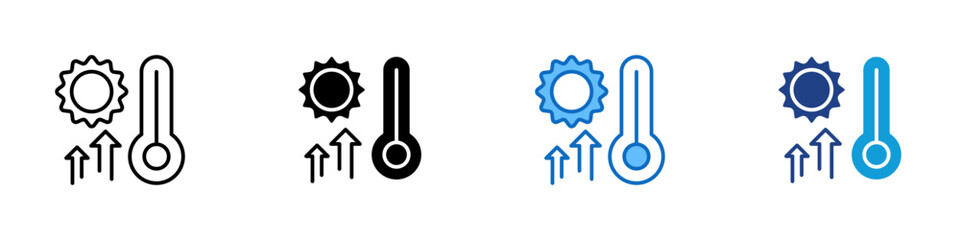 Heat Increase Multiple Style Icon Design Vector - Sun with thermometer and rising arrows representing temperature increase and heat exposure