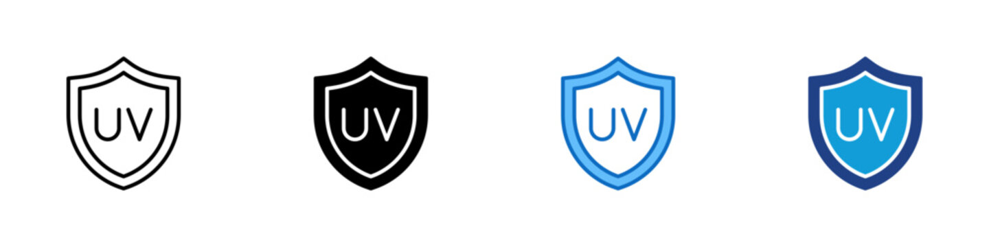 UV Protection Multiple Style Icon Design Vector - Shield with UV symbol representing ultraviolet protection and sun resistance