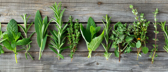 Fresh, fragrant herbs, neatly arranged on a wooden surface, emphasise naturalness and environmental friendliness, making them ideal as a backdrop for advertising healthy eating or herbal medicine.