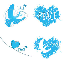 International Day of Peace. Concepts of love, peace, and kindness. A set of posters and cards with doves and a heart.